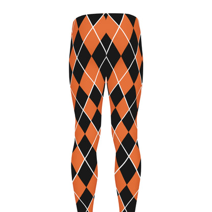 Orange And Black Halloween Argyle Print Men's leggings