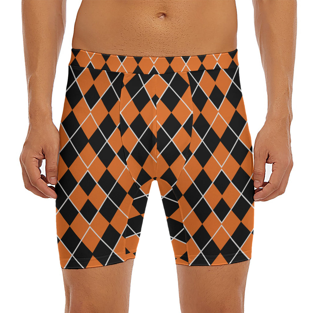Orange And Black Halloween Argyle Print Men's Long Boxer Briefs