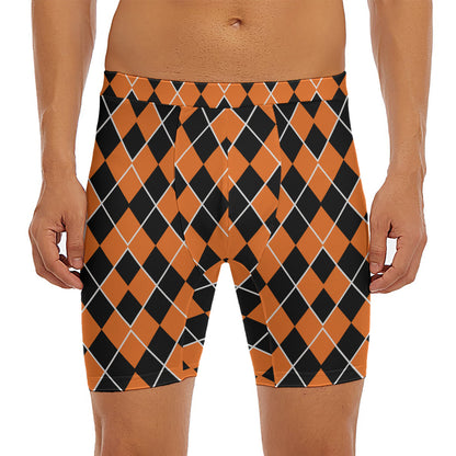 Orange And Black Halloween Argyle Print Men's Long Boxer Briefs