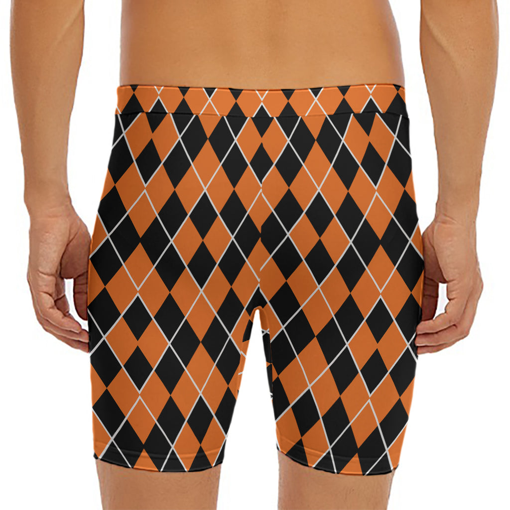 Orange And Black Halloween Argyle Print Men's Long Boxer Briefs