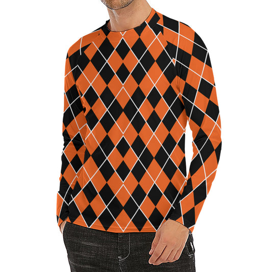 Orange And Black Halloween Argyle Print Men's Long Sleeve Rash Guard