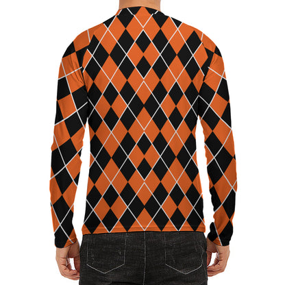Orange And Black Halloween Argyle Print Men's Long Sleeve Rash Guard