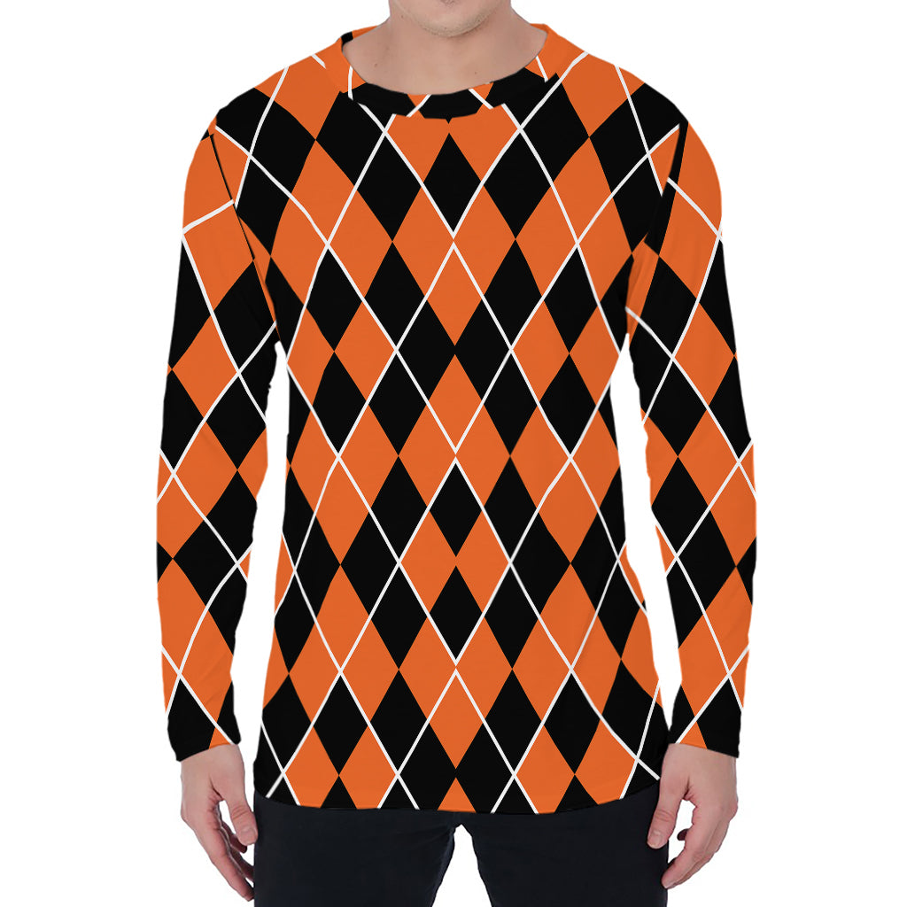 Orange And Black Halloween Argyle Print Men's Long Sleeve T-Shirt