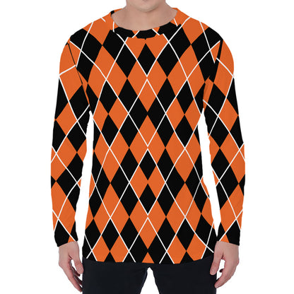 Orange And Black Halloween Argyle Print Men's Long Sleeve T-Shirt