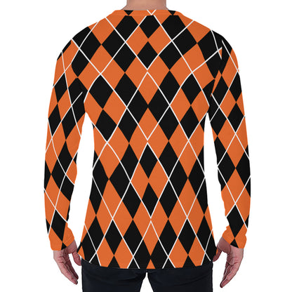 Orange And Black Halloween Argyle Print Men's Long Sleeve T-Shirt