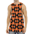 Orange And Black Halloween Argyle Print Men's Muscle Tank Top