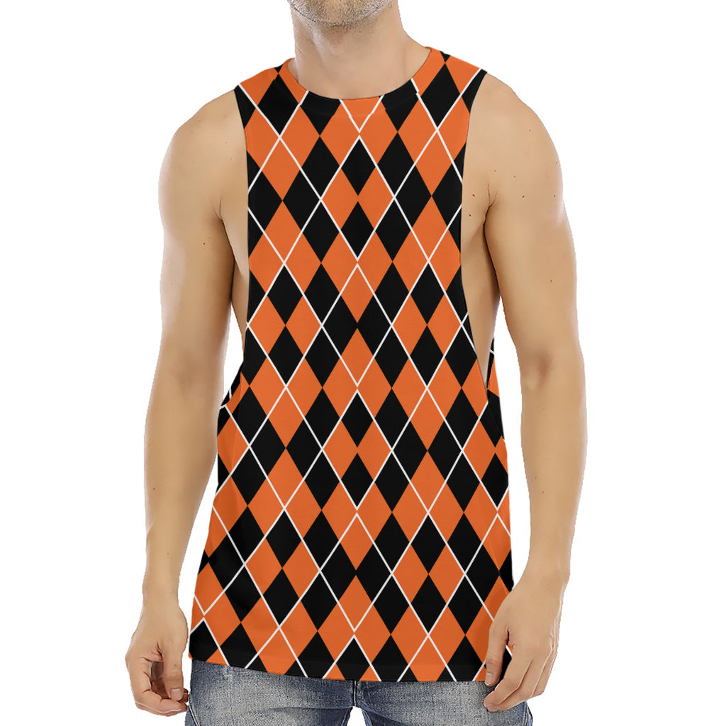 Orange And Black Halloween Argyle Print Men's Muscle Tank Top