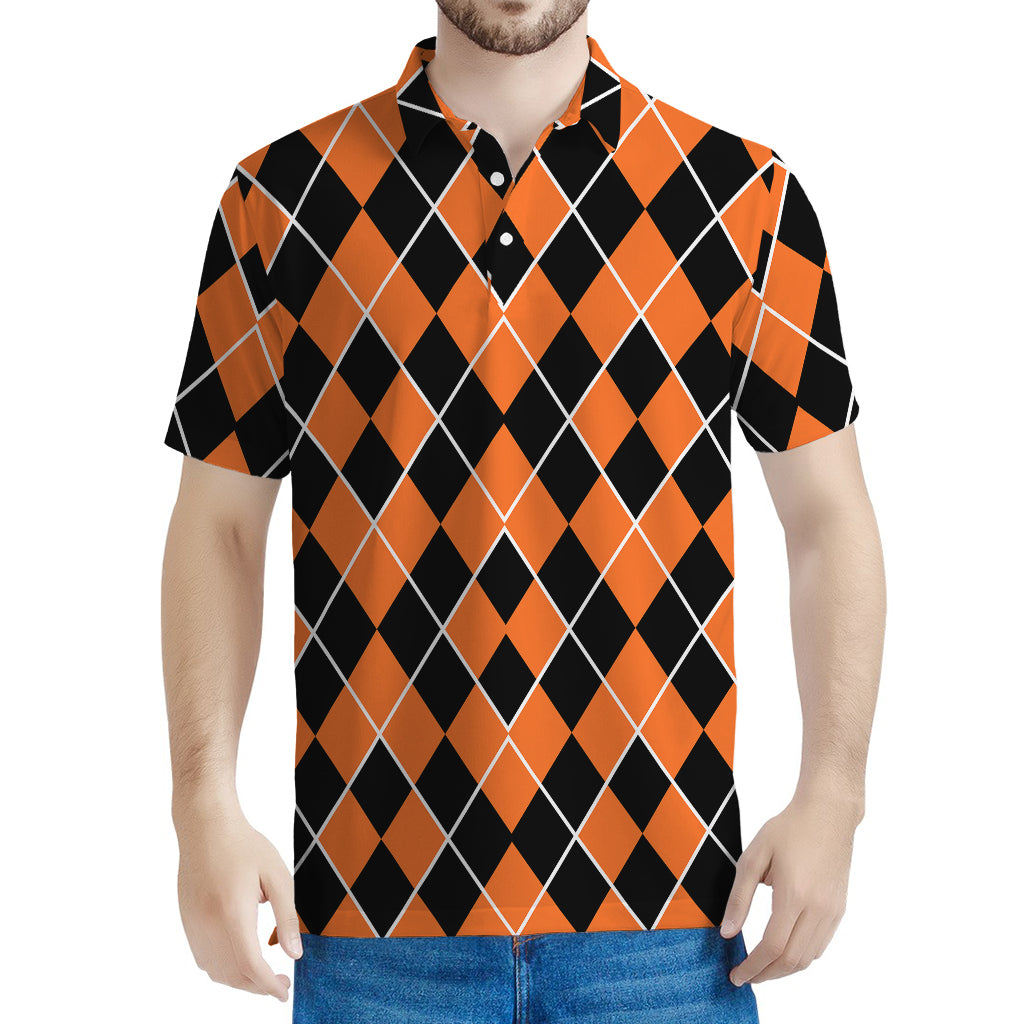 Orange And Black Halloween Argyle Print Men's Polo Shirt