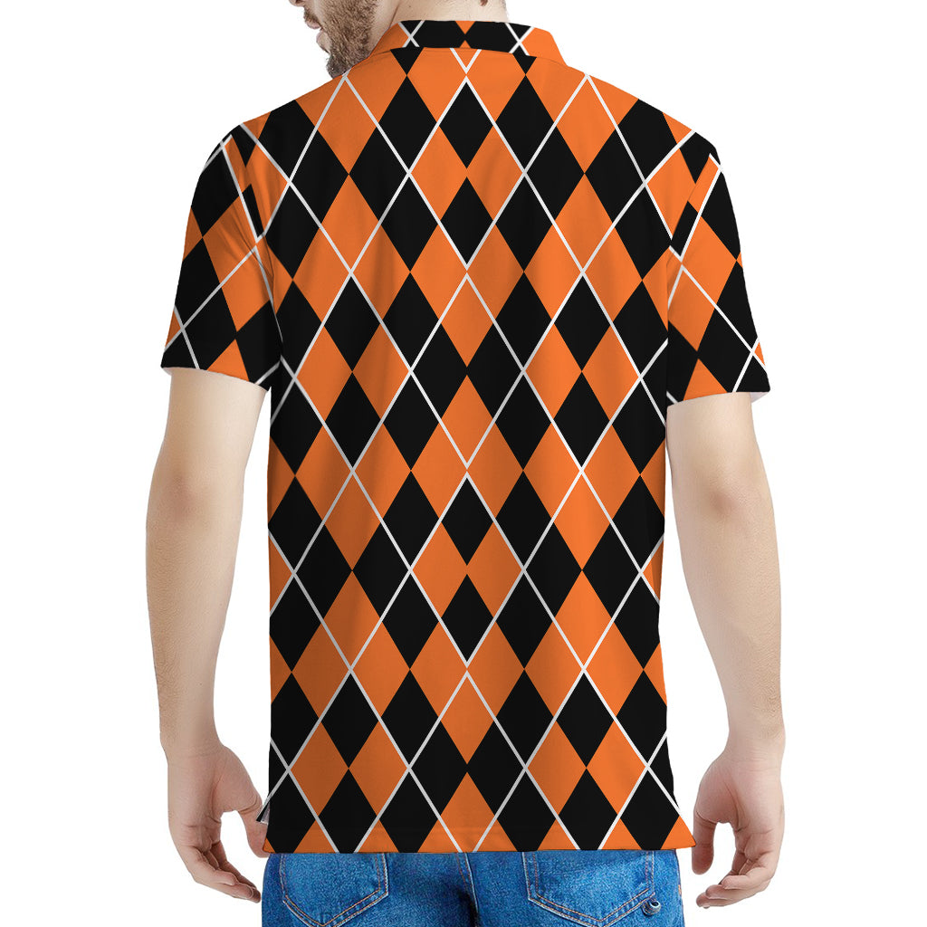 Orange And Black Halloween Argyle Print Men's Polo Shirt