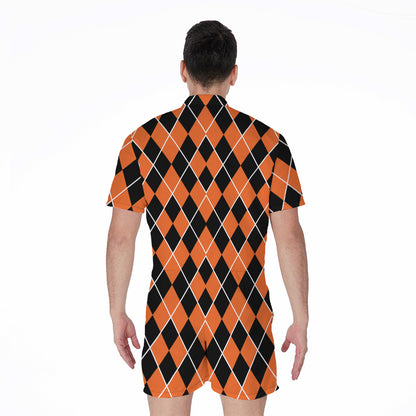 Orange And Black Halloween Argyle Print Men's Rompers