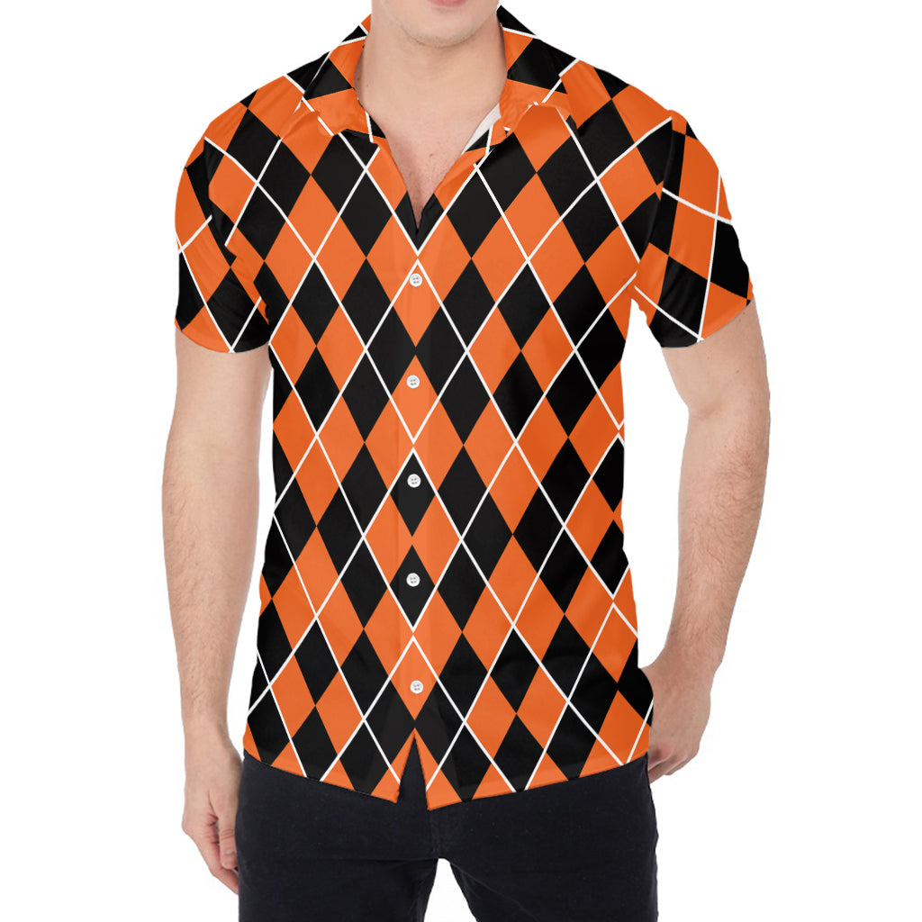 Orange And Black Halloween Argyle Print Men's Shirt