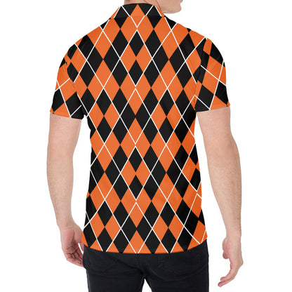 Orange And Black Halloween Argyle Print Men's Shirt