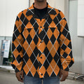 Orange And Black Halloween Argyle Print Men's Shirt Jacket