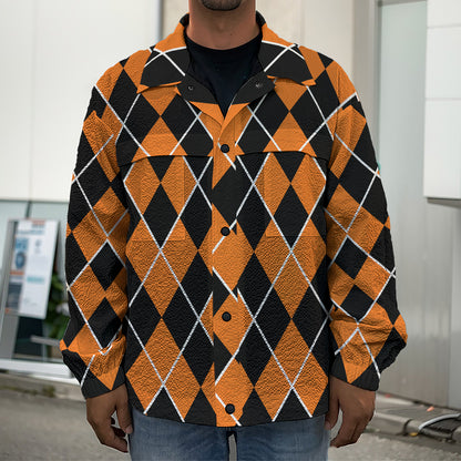 Orange And Black Halloween Argyle Print Men's Shirt Jacket