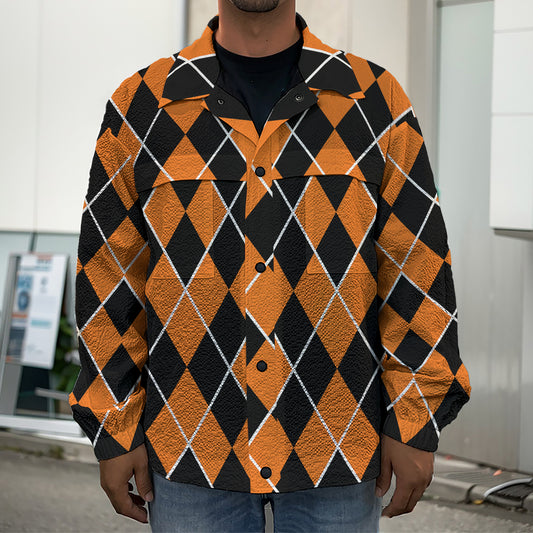 Orange And Black Halloween Argyle Print Men's Shirt Jacket