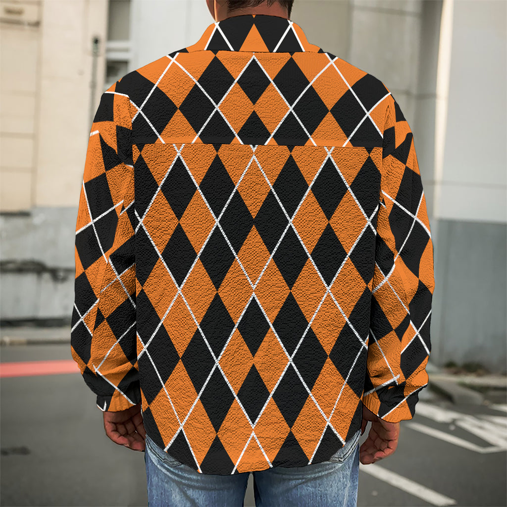 Orange And Black Halloween Argyle Print Men's Shirt Jacket