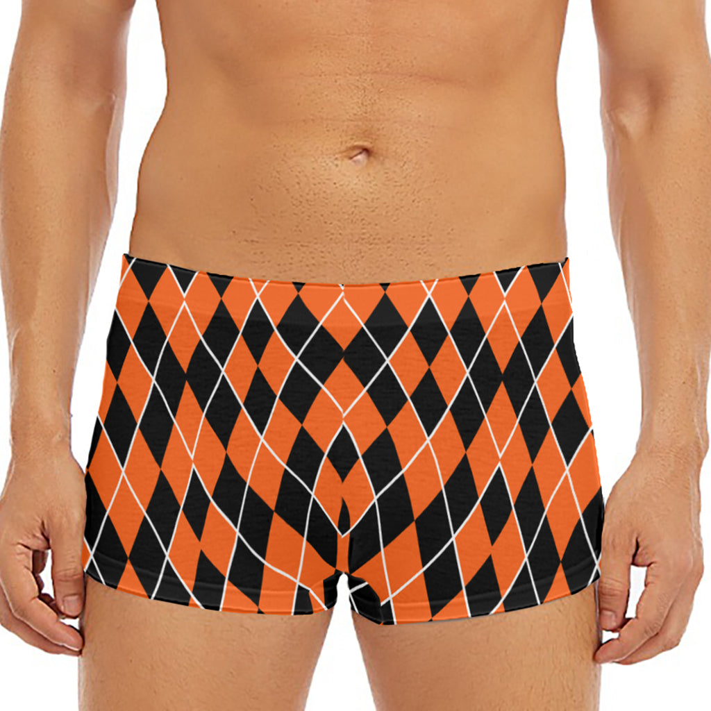 Orange And Black Halloween Argyle Print Men's Short Boxer Briefs
