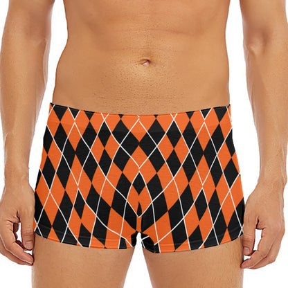 Orange And Black Halloween Argyle Print Men's Short Boxer Briefs