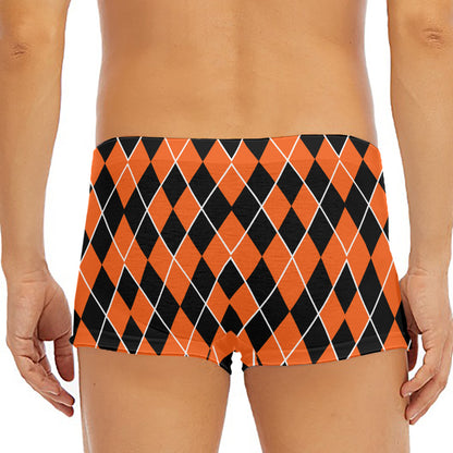 Orange And Black Halloween Argyle Print Men's Short Boxer Briefs