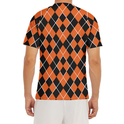 Orange And Black Halloween Argyle Print Men's Short Sleeve Rash Guard