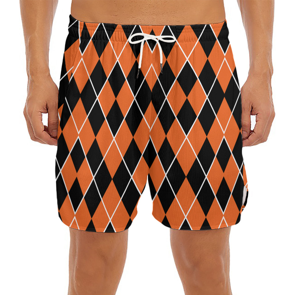 Orange And Black Halloween Argyle Print Men's Split Running Shorts