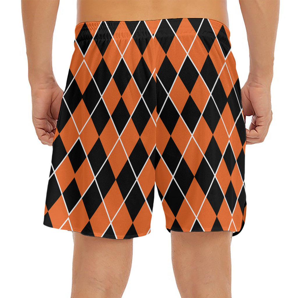 Orange And Black Halloween Argyle Print Men's Split Running Shorts