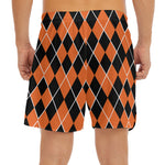 Orange And Black Halloween Argyle Print Men's Split Running Shorts