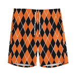 Orange And Black Halloween Argyle Print Men's Sports Shorts