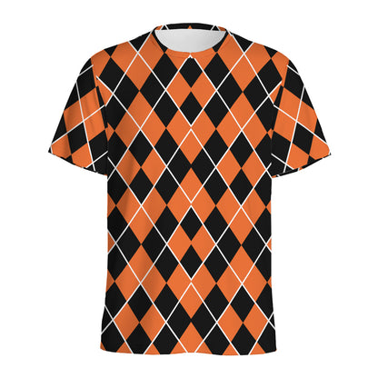 Orange And Black Halloween Argyle Print Men's Sports T-Shirt