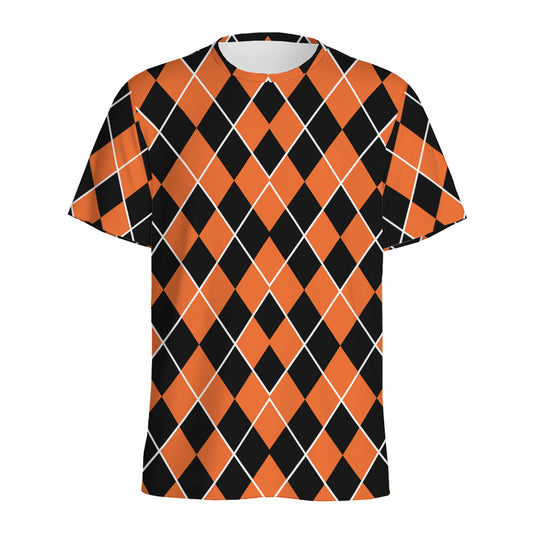 Orange And Black Halloween Argyle Print Men's Sports T-Shirt