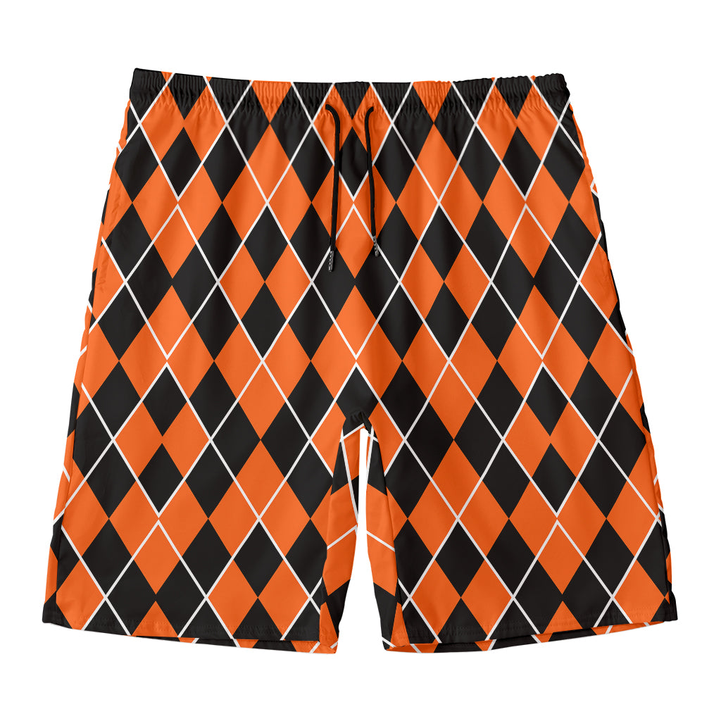 Orange And Black Halloween Argyle Print Men's Swim Trunks