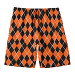 Orange And Black Halloween Argyle Print Men's Swim Trunks