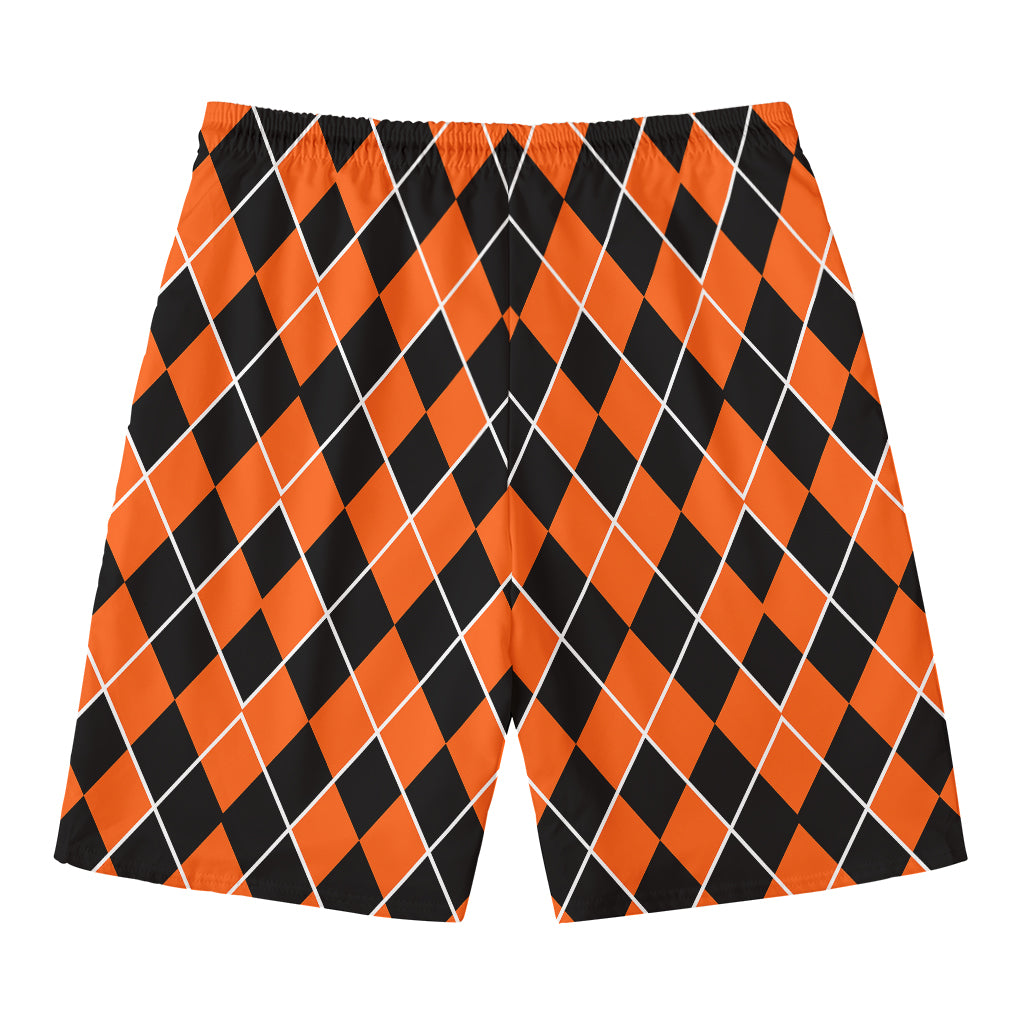 Orange And Black Halloween Argyle Print Men's Swim Trunks