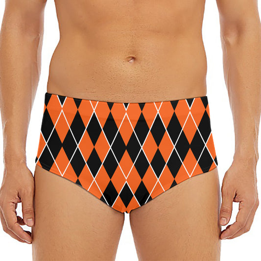 Orange And Black Halloween Argyle Print Men's Triangle Swim Briefs