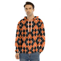 Orange And Black Halloween Argyle Print Men's Velvet Pullover Hoodie