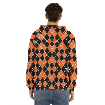 Orange And Black Halloween Argyle Print Men's Velvet Pullover Hoodie