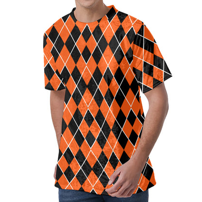 Orange And Black Halloween Argyle Print Men's Velvet T-Shirt