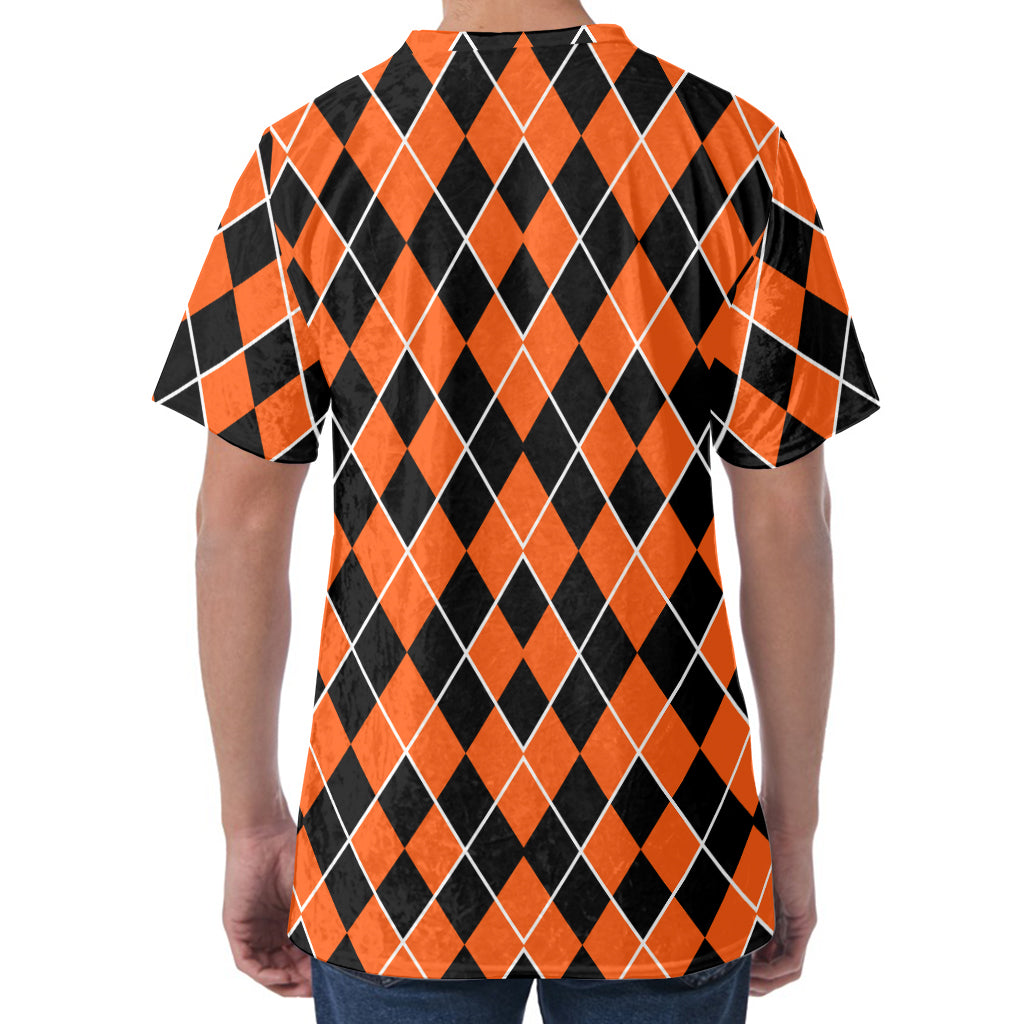 Orange And Black Halloween Argyle Print Men's Velvet T-Shirt