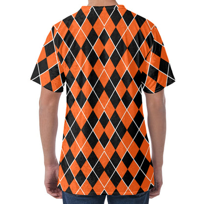 Orange And Black Halloween Argyle Print Men's Velvet T-Shirt