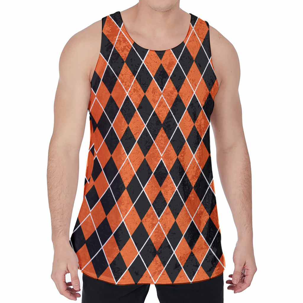 Orange And Black Halloween Argyle Print Men's Velvet Tank Top