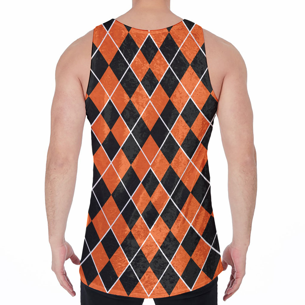 Orange And Black Halloween Argyle Print Men's Velvet Tank Top