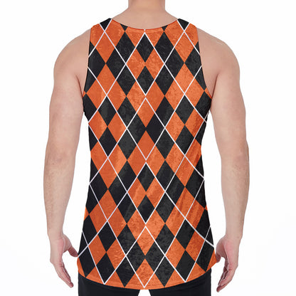 Orange And Black Halloween Argyle Print Men's Velvet Tank Top