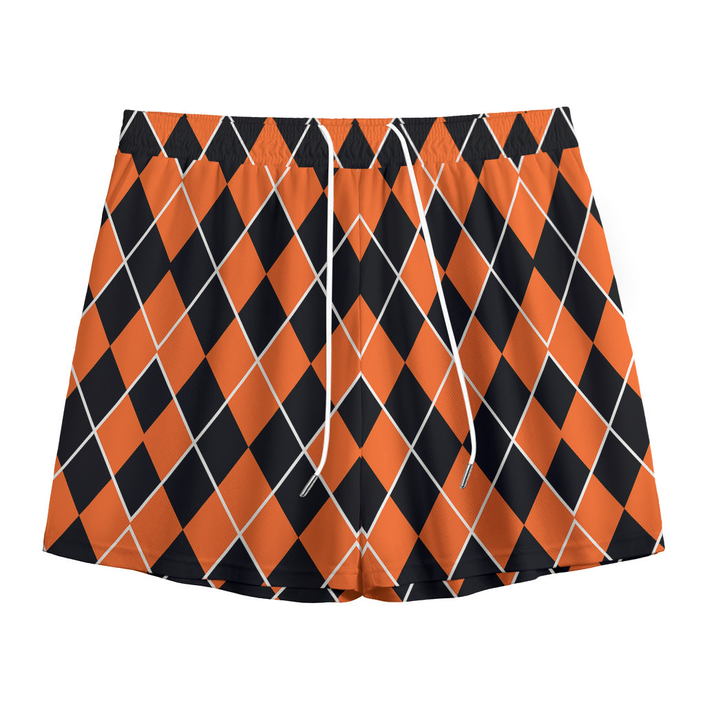 Orange And Black Halloween Argyle Print Mesh Shorts