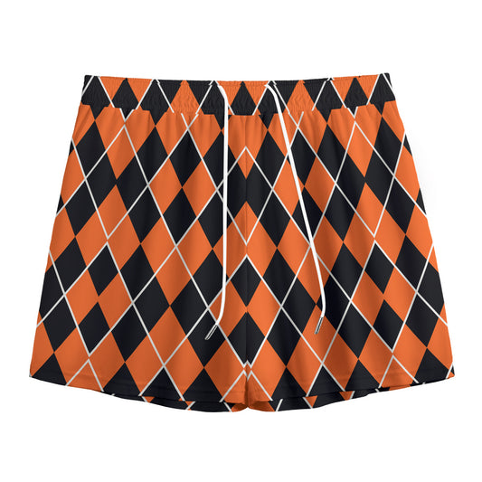 Orange And Black Halloween Argyle Print Mesh Shorts