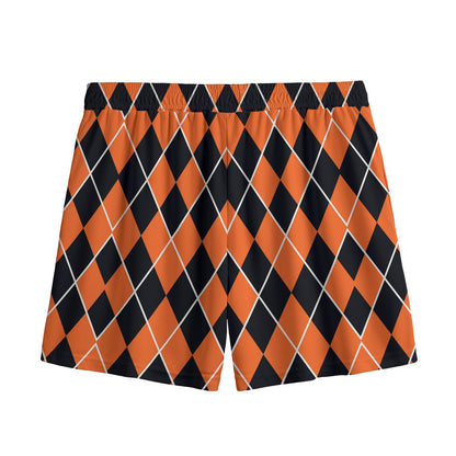 Orange And Black Halloween Argyle Print Mesh Shorts