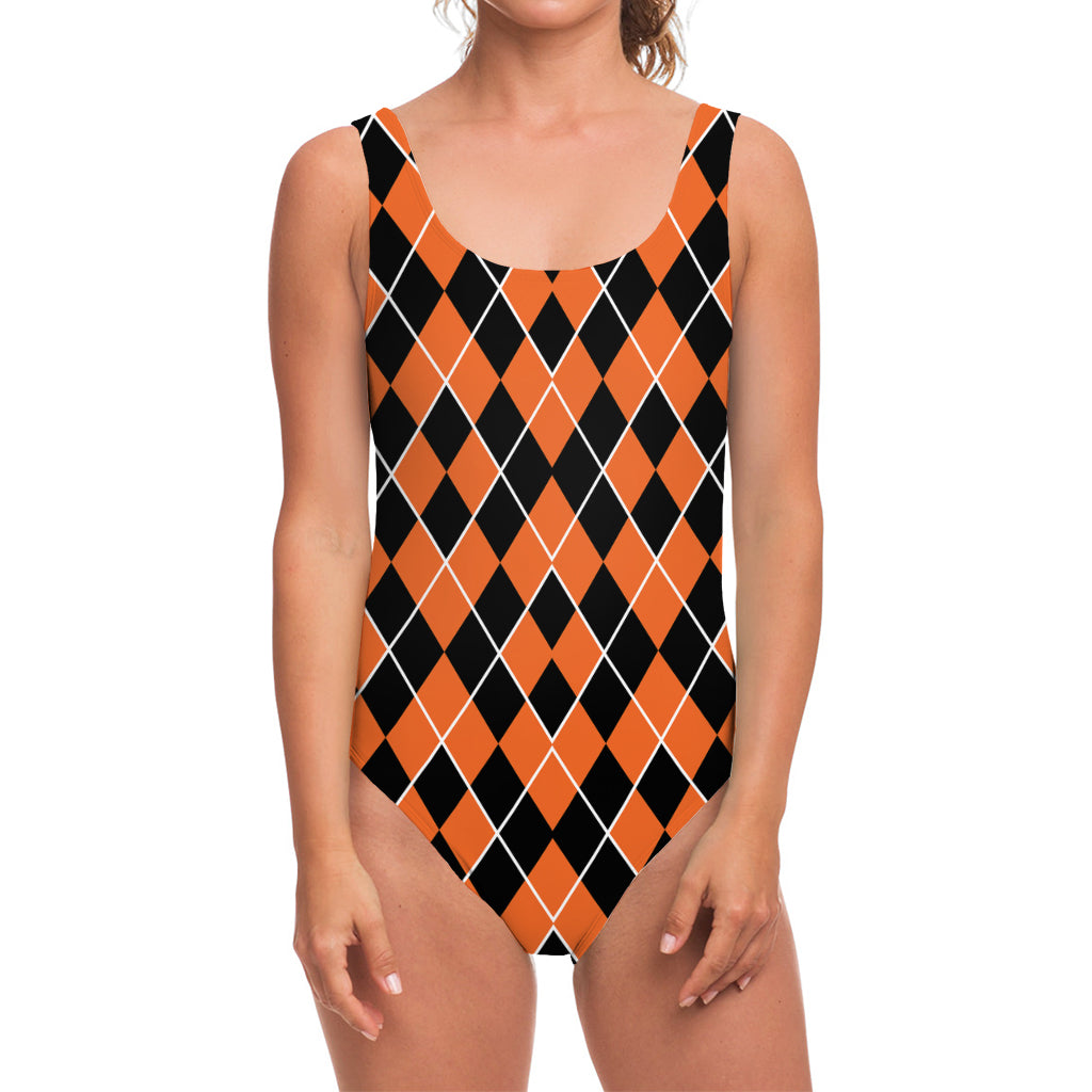 Orange And Black Halloween Argyle Print One Piece Swimsuit