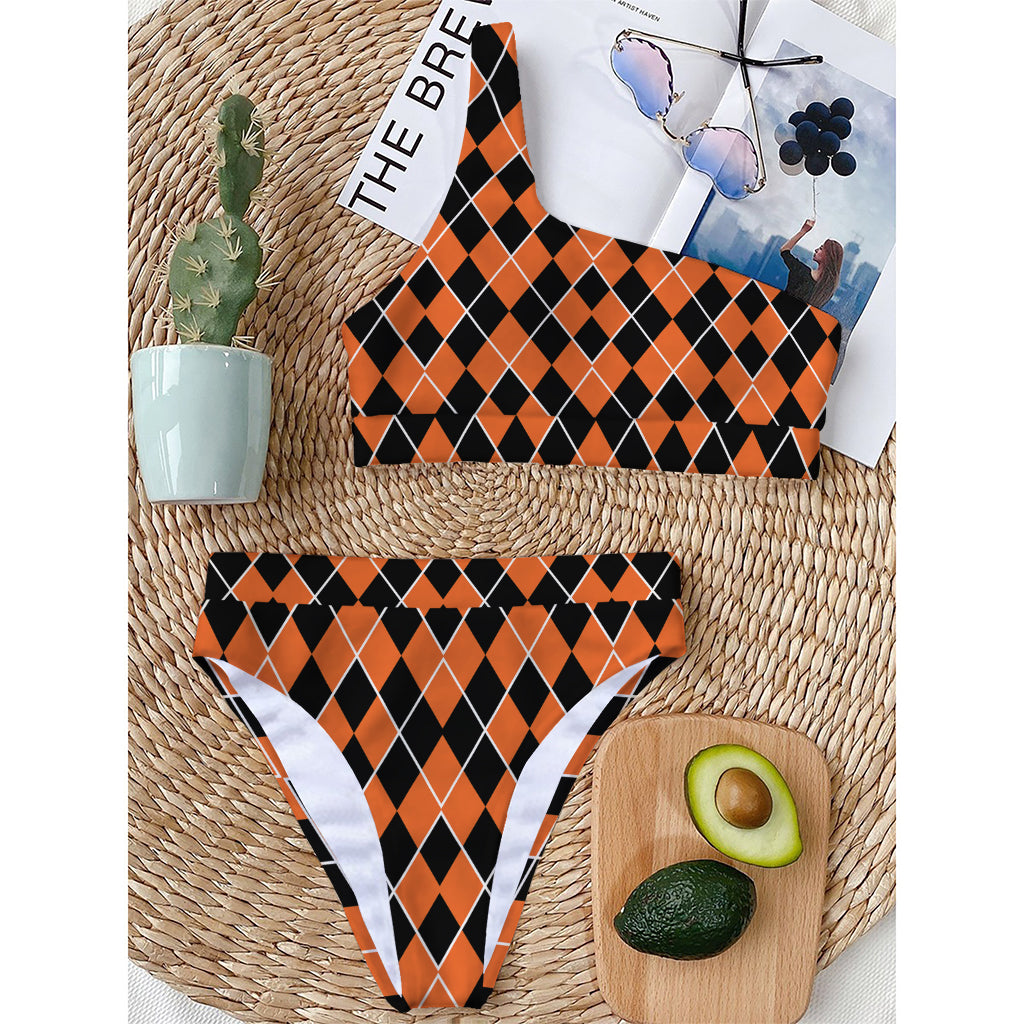 Orange And Black Halloween Argyle Print One Shoulder Bikini Top
