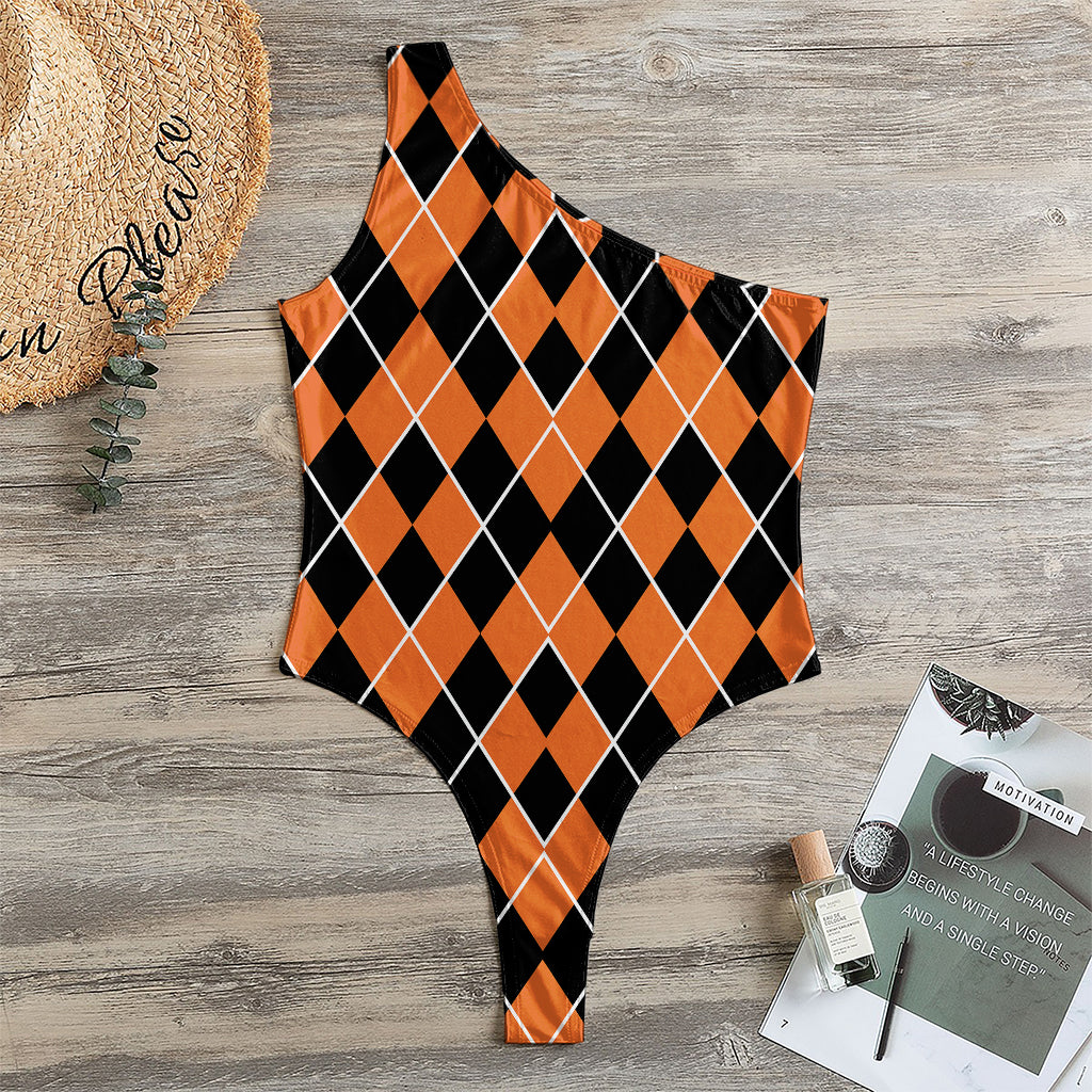 Orange And Black Halloween Argyle Print One Shoulder Bodysuit