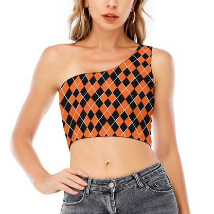 Orange And Black Halloween Argyle Print One Shoulder Crop Top