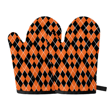 Orange And Black Halloween Argyle Print Oven Mitts